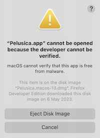 "Pelusica.app" cannot be opened because the developer cannot be verified.